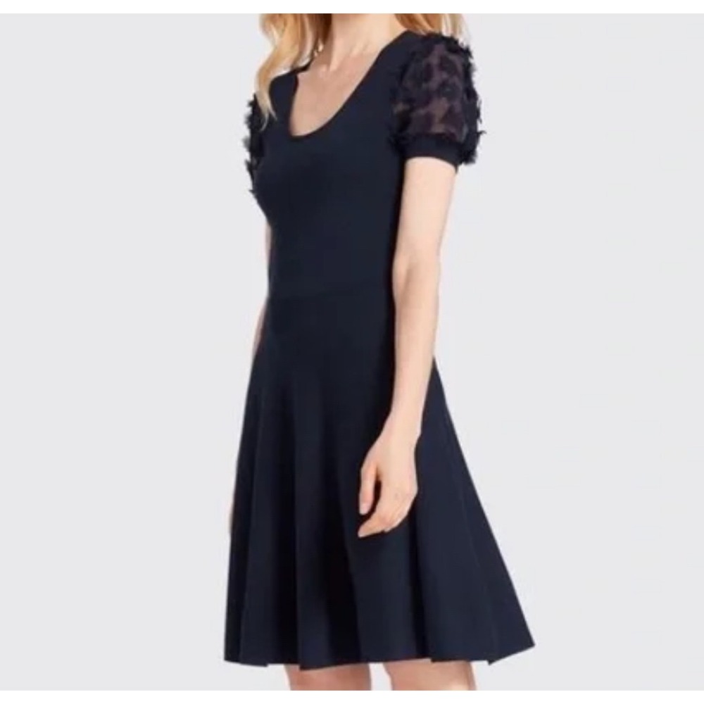 Draper James Dress Fit Flare L Navy Blue 3D Floral Puff Sleeve Today Show Prep